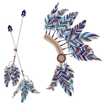 Headdress Indians and two arrows with feathers on a white background.