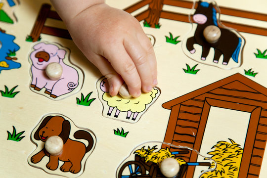 Gioco a incastro. Fattoria. Animali. Bambino gioca