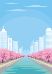Beautiful spring city landscape with the blossoming Oriental cherry and skyscrapers. Vector background.