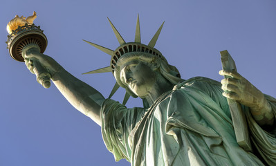 Fototapeta premium Closeup of Statue of Liberty, tilt shot