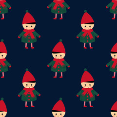 Cute little boy seamless pattern on dark blue background. Boy in cute winter clothes walking outside vector illustration. Baby design for textile, wallpaper, fabric. Winter holidays card.