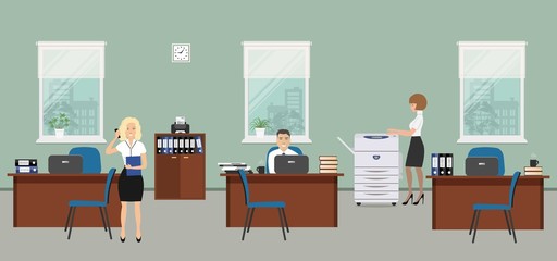 Office room in a gray color. The young women and man are employees at work. There is brown furniture, blue chairs, a copy machine on a window background in the picture. Vector flat illustration