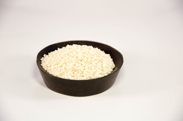 The sesame in wooden bowl. white sesame.