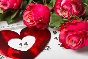 Calendar page with the red hearts and bouquet of red roses on February 14 of Saint Valentines day.