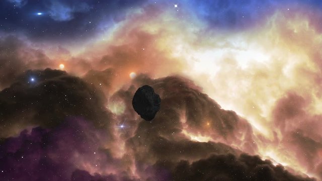 A 4k UHD space scene. Fly over a glowing gas nebula in space and dodge an asteroid. 11630