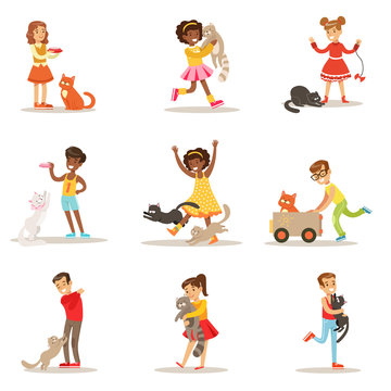 Children And Cats Illustrations Set With Kids Playing And Taking Care Of Pet Animals