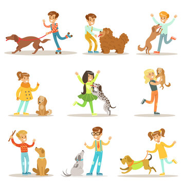 Children And Dogs Illustrations Set With Kids Playing And Taking Care Of Pet Animals