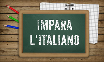Learn Italian language, chalk on green board, education concept