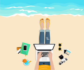 Freelance. Work outside. Stylish girl typing on laptop on the beach. Top view. Freelancer's desktop with notebook, credit cards,  camera, glasses. Work and rest. Hand drawn vector flat illustration. - 134023333