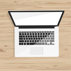 Laptop on the table. Office desktop. Wood background. Hand drawn vector illustration. Flat object. Top view