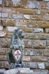 A copy of the sculpture "Marzokko" - a lion on the shield with the iris in Piazza della Signoria in Florence, Italy. The author of the original is Donatello.