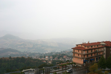 Landscape of Italy in a rainy day. View from Mount Titano, San Marino.