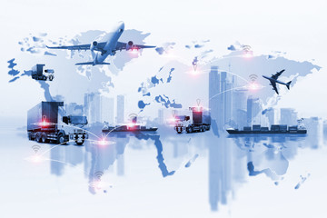 Global logistics network Web site concept, Air cargo trucking rail transportation maritime shipping...