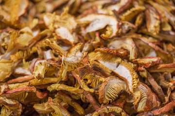 Dried chanterelle mushrooms close up.