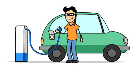 Mann beim Aufladen von Elektroauto