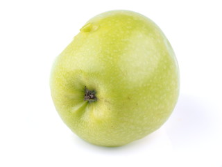 bitten green apple on a white background