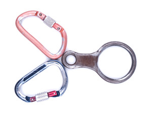 carabiner to the belay device on a white background