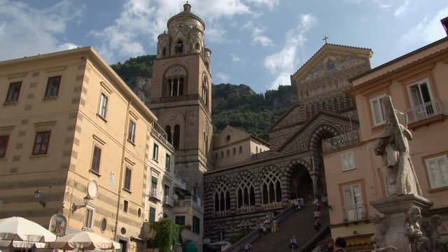 View looking up towards the steps and cathedral in Amalfi, Italy 