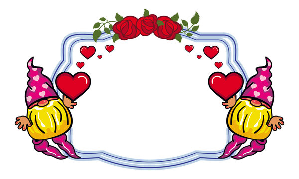 Oval label with roses and cute gnome holding heart. Vector clip art.