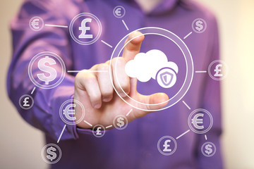 Businessman pushing button cloud shield security virus dollar currency