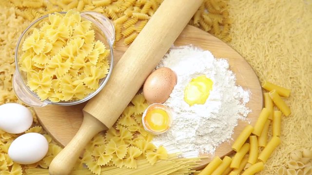 macaroni products, flour, eggs and rolling pin