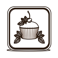 silhouette square button with cupcake and leaves vector illustration