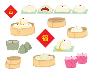 Illustration vector Chinese food and dessert on round crate bamboo isolated and lucky and rich Chinese language sign for Chinese Mew Year table decoration on white background.