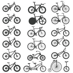 Set of silhouettes of different bikes for different riding styles in flat style. From classic and unicycle bike, to modern bike for downhill and triathlon.  © wladislawka