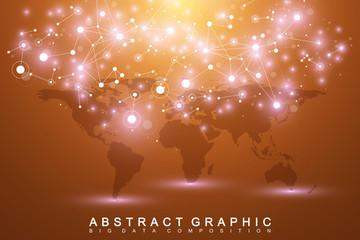 Geometric graphic background communication with Political World Map. Big data complex with compounds. Perspective minimal array. Digital data visualization. Scientific cybernetic vector illustration.