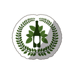 sticker arch of leaves with bottle wine and goblet vector illustration