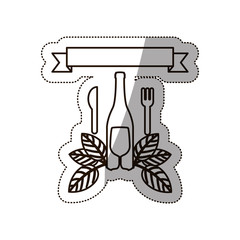 sticker medium shade of bottle wine goblet with cutlery vector illustration