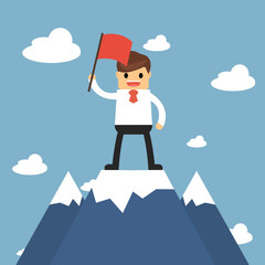 Businessman holding flag on top of mountain. Success concept
