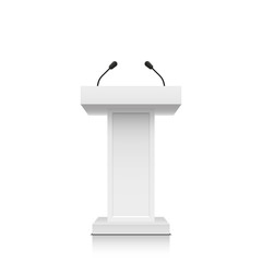 White tribune with microphones, isolated vector illustration