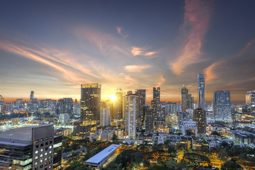 Bangkok capital city of Thailand in business areas at sunset meet nightlight