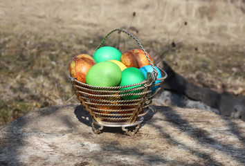 Colorful Easter eggs in the basket on spring nature background