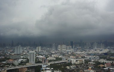 Aerial view of Bangkok city, under blue storm cloudy sky