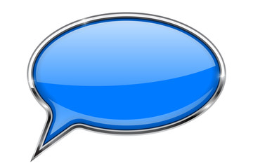 Speech bubble. Blue 3d icon with chrome frame
