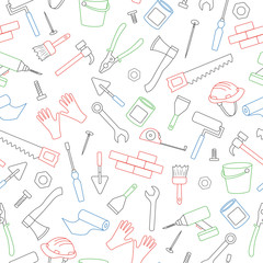 Seamless background on the topic of construction and repair, construction equipment, simple colored contour icons on white background