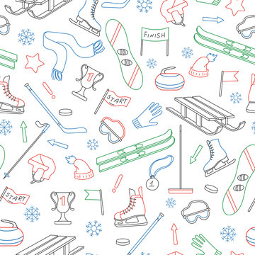 Seamless pattern on the theme of winter sports, simple colored outline on a white background