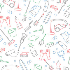 Seamless pattern on the theme of cleaning and household equipment and cleaning products, simple colored contour icons on white background