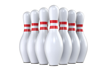 Pin of skittles, for bowling. 3D render, isolated on white background.