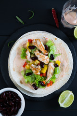 Chicken with vegetables wrapped in a tortilla