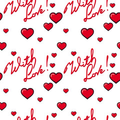 Seamless pattern with hearts and sign "With love!". Vector clip art.