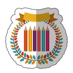 Obraz premium middle shadow sticker with colorful olive crown with ribbon and colored pencils vector illustration