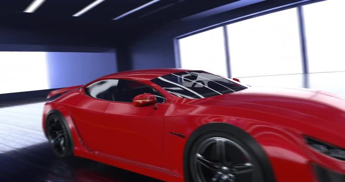 Sports car animation with futuristic dashboard display and animated V8 engine