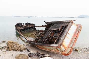 Wreck fishing boat after fire