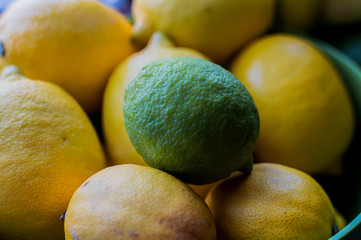 Green lime with yellow lemons