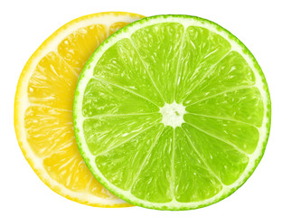 Juicy slice of lime and lemon isolated on white, with clipping path