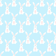 Cute cartoon bunny seamless geometric pattern. White bunnies on a blue background.