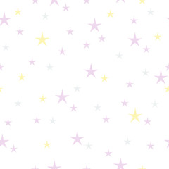 Hand drawn stars seamless pattern. Lilac and yellow color on a white background. Different size. Irregular.